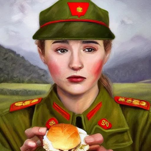 Image similar to high detail portrait oil painting illustration of beuatiful girl as soviet red army soldier eating hot baked bun, in khaki ww 2 tunic, no hat, by justin sweet with face and body clearly visible, in a scenic background, pupils visible, realistic proportions, artstation trending, high quality, sombre mood, artstation trending, muted colours, entire person visible!