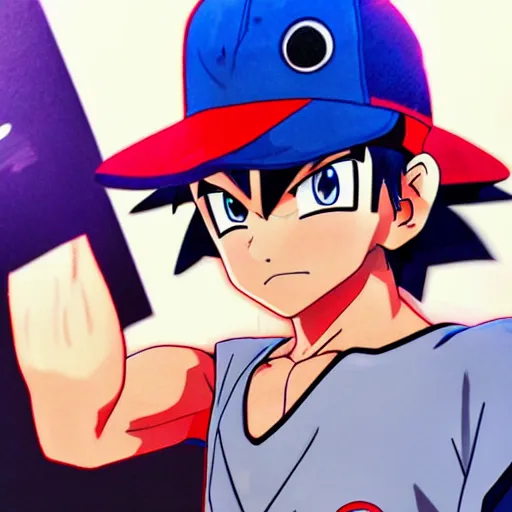 Image similar to ash ketchum as in dragon ball, by akira toriyama, wlop, ilya kuvshinov, range murata, stark colours, detailed face, realistic shaded perfect face, fine details, realistic shaded lighting, fabulous, detailed lashes