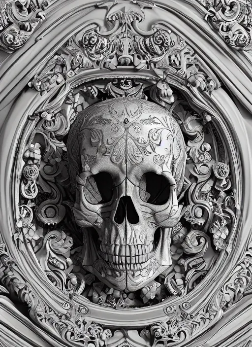 Prompt: hyper realistic photography of intricate baroque skull ornament relief leaves, cinematic, symmetric detailed, artstation, cgsociety