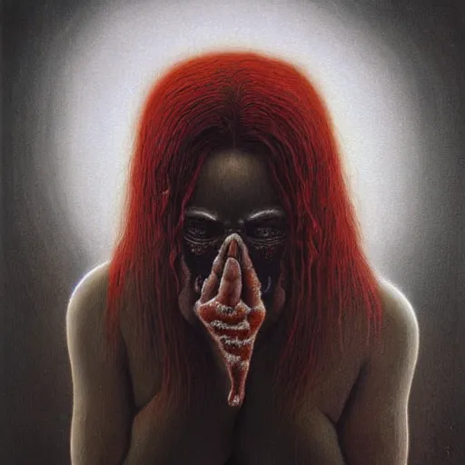 Image similar to dramatic portrait painting of sad woman with black mandelbrot fractal instead of face, in style of zdzisław beksinski, horror, body horror, dark, disturbing,