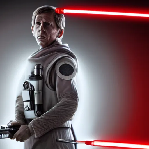 Image similar to a portrait of director krennic from rogue one wielding a red lightsaber, cinematic, realistic, raytracing, hdr, 8 k