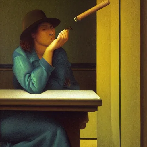 Image similar to feeling this way is a-okay, smoking hashish by the marijuana den by Raphael, Hopper, and Rene Magritte. detailed, romantic, enchanting, trending on artstation.