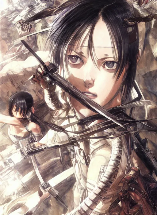 Prompt: Mikasa Ackerman, attack on titan, ornate clothing, scifi, realistic, hyperdetailed, chiaroscuro, concept art, art by Franz Hals and Jon Foster and Ayami Kojima and Amano and Karol Bak and Shigeru Miyamoto,