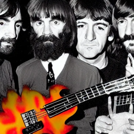 Prompt: Charles Manson playing keytar with The Beatles, flash photography, 8k