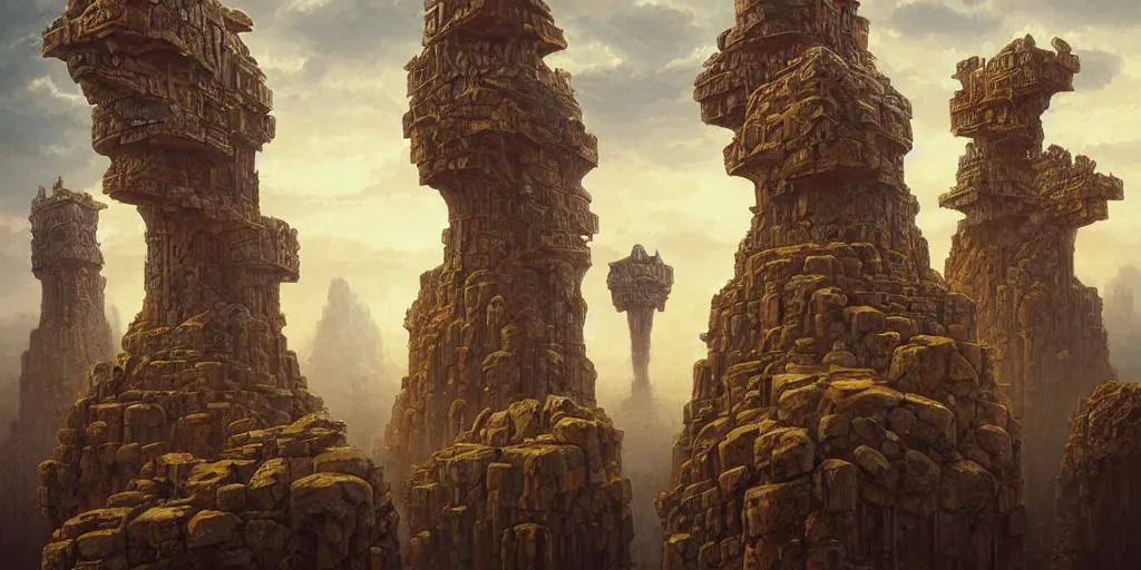 Prompt: surrealist landscape of ancient towns atop monumental stone heads, trippy fractal repetition moebius, greg rutkowski, peter mohrbacher,, epic composition, god rays, vivid tones :