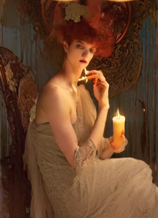 Prompt: a romantic photo of a woman in a dark room wearing lace smoking a cigarette advertisement photography by mucha, nick alm, norman rockwell, greg rutkowski, greg manchess, fashion model, candlelight, pagan, extremely coherent, sharp focus, elegant, sharp features, render, octane, detailed, award winning photography, masterpiece, rim lit