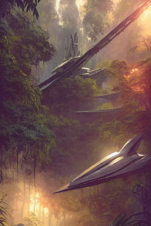 Image similar to a view of a frigate space ship in a magical tropical rain forest, D&D, fantasy, intricate, cinematic lighting, highly detailed, digital painting, artstation, concept art, smooth, sharp focus, illustration, art by Terry Moore and Greg Rutkowski and Alphonse Mucha