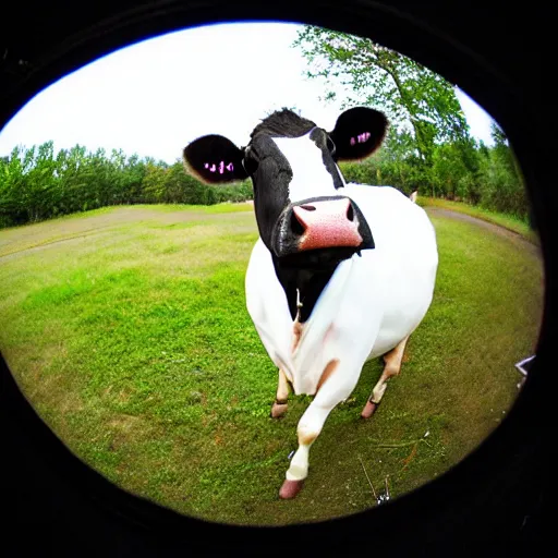 Prompt: a fisheye photo of a cow wearing a tuxedo