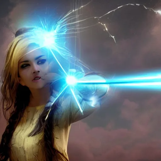 Image similar to a female fantasy wizard shooting a beam of energy at an object off screen, eyes serious cool look,