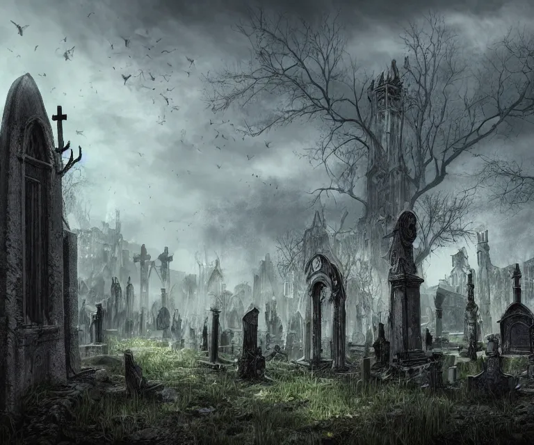 Image similar to a city of tombs and tombstones, graveyard landscape, ghostly spirits, giant grave structures, giant tomb structures, bloodborne, dark fantasy, digital art, fantasy art