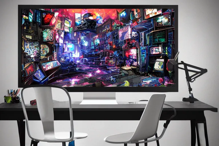 Image similar to teenager bedroom in industrial style, street art basketball and naruto manga style decorated wall, futuristic ambiance, gamer screen on metallic desk, cyber, intricate, very detailed, soft lighting, 8 k hd