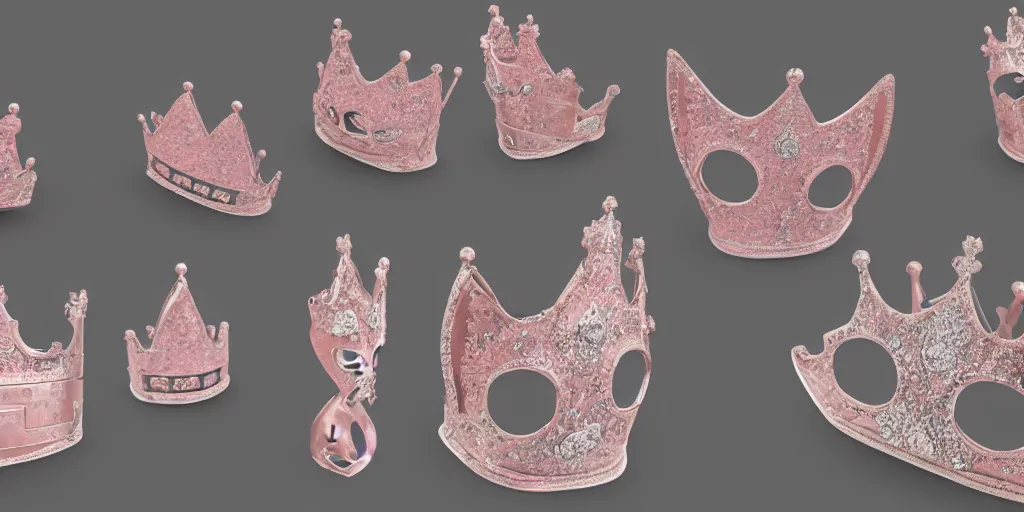 Image similar to made from steel crown is engraved with a single cat face, thin crown, pink color, luxury style, 4 k, realistic render, ultra - detailed, ultra detail