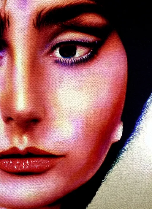 Image similar to amazing pixel art of a film still from a 1971 award-winning Italian film of a young Mexican woman with brunette looking at the camera while in a swirling alternate reality. close-up of face with smokey eyeshadow. soft detailed painting at 16K resolution and amazingly epic visuals. epically beautiful image. amazing effect, image looks gorgeously crisp as far as it's visual fidelity goes, absolutely outstanding. vivid clarity. ultra detail. iridescent. mind-breaking. mega-beautiful pencil shadowing. beautiful face. Ultra High Definition. soft shading. soft texture. intensely beautiful.