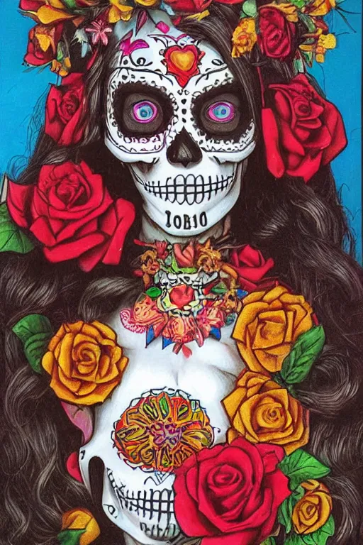 Prompt: Illustration of a sugar skull day of the dead girl, art by Jeff Easley