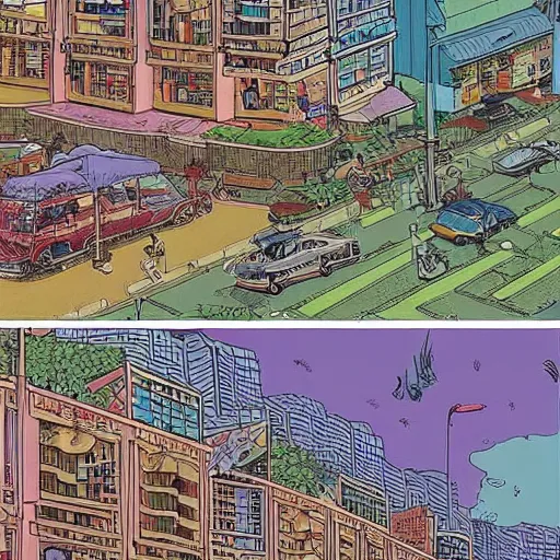 Image similar to a snapshot of a singaporean neighbourhood, by moebius