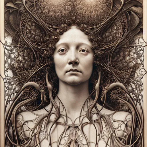 Prompt: detailed realistic beautiful calaveras goddess portrait by jean delville, gustave dore, iris van herpen and marco mazzoni, art forms of nature by ernst haeckel, art nouveau, symbolist, visionary, gothic, neo - gothic, pre - raphaelite, fractal lace, intricate alien botanicals, biodiversity, surreality, hyperdetailed ultrasharp octane render