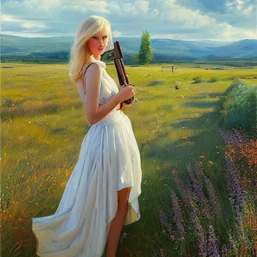 Prompt: mysterious blonde woman in hot dress in the swedish countryside, holding a shotgun, freedom, scenic, beautiful, masterpiece, highly detailed, painting by vladimir volegov