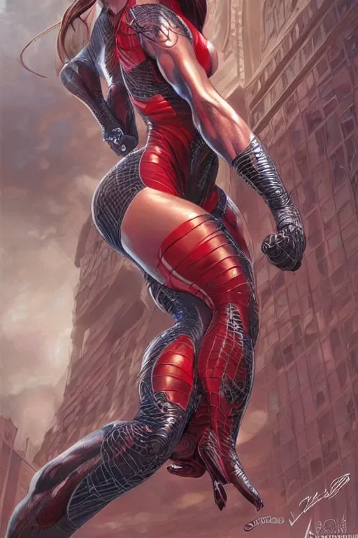 Image similar to muscled Spiderwoman heroine, intricate, elegant, highly detailed, centered, digital painting, artstation, concept art, smooth, sharp focus, illustration, art by artgerm and donato giancola and Joseph Christian Leyendecker, Ross Tran, WLOP