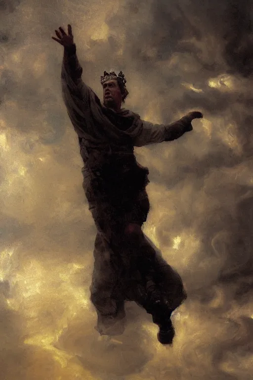 Image similar to beautiful detailed expressive impressionistic oil painting portrait of ancient roman god emperor steve buscemi levitating, ascending into the dark wearing the civic crown, renaissance painting, black background, art by anders zorn, wonderful masterpiece by greg rutkowski, expressive brush strokes, beautiful cinematic light, american romanticism by greg manchess, jessica rossier