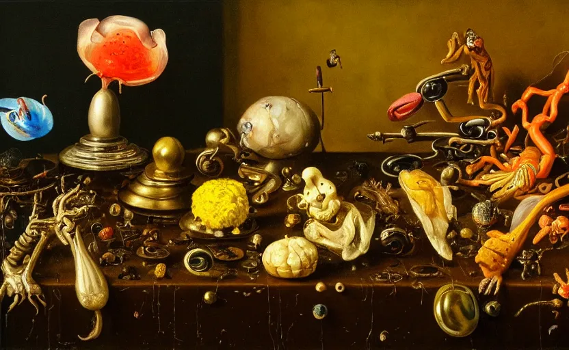 Image similar to disturbing colorful oil painting dutch golden age vanitas still life with bizarre objects strange gooey surfaces shiny metal bizarre insects rachel ruysch dali todd schorr very detailed perfect composition rule of thirds masterpiece canon 5 0 mm, cinematic lighting, photography, retro, film, kodachrome