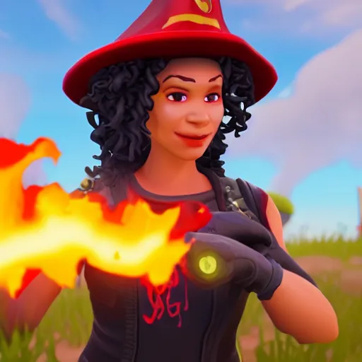 Image similar to a curly haired female pyromancer wearing a red wizard hat as a fortnite character, screenshot from fortnite, 3 d unreal engine render