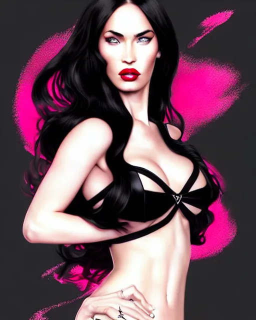 Image similar to 3 d megan fox with dark eye makeup and pink glossy lipstick, long windblown black hair, seductive camisole, pinup, intricate, glamorous fashion pose, sharp focus, illustration, highly detailed, digital painting, concept art, art by wlop and artgerm and ross tran, masterpiece, fritz willis, fine, arney freytag, charlie bowater, loish
