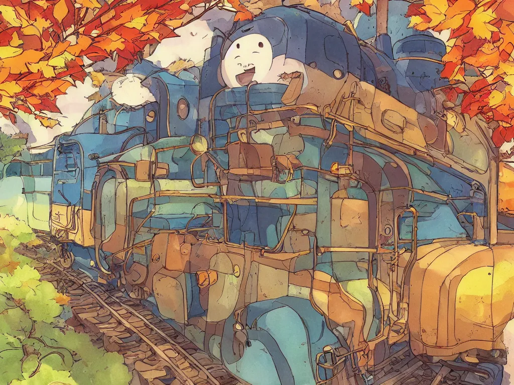 Image similar to sideview of a anime train, illustration, autumn light, colorful, beautiful, inspired by studio ghibli, inspired by hayao miyazaki, concept art, manga, cute and adorable