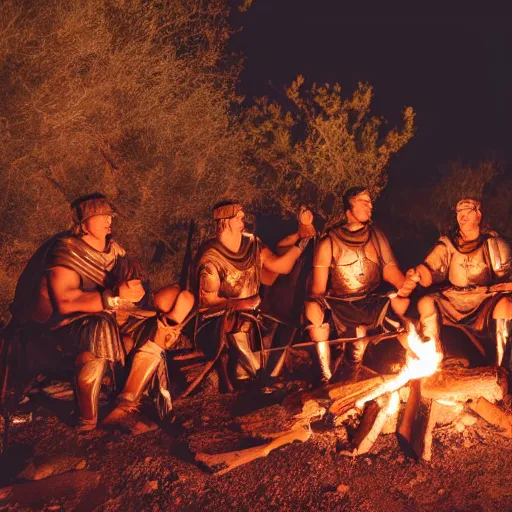 Prompt: a group of ancient roman soldiers sitting around a campfire in the desert at night, 8k, cinematic, dslr,