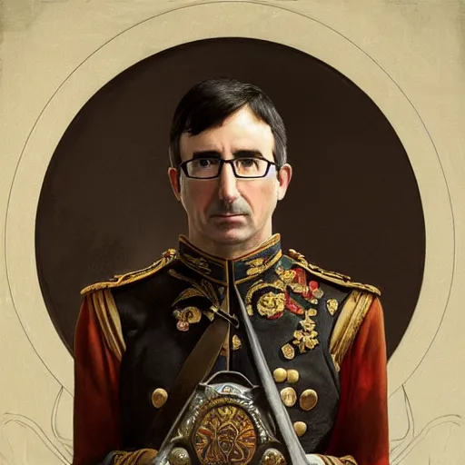 Image similar to portrait of stoic looking john oliver as in the vigo carpathian painting, military uniform, fantasy, intricate, elegant, beautiful, highly detailed, charcoal, centered, dark, smokey, digital painting, artstation, concept art, smooth, sharp focus, illustration, art by artgerm and greg rutkowski and alphonse mucha