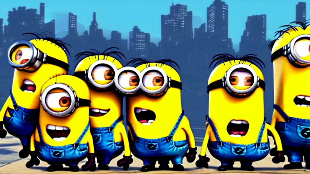 Prompt: minions holding guns gta v loading screen in the style of stephen bliss, widescreen