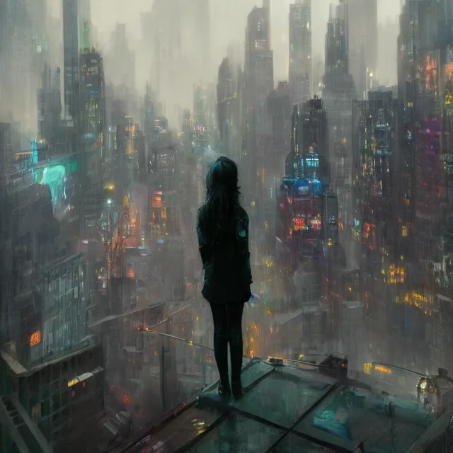 Prompt: a girl on a ledge overlooking a futuristic new york city, ghostpunk, sci - fi, neon lights, storm clouds, rain, moody lighting, by craig mullins, by jc leyendecker, by james jean