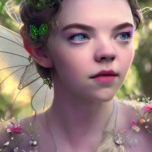 Image similar to older anya taylor - joy as a beautiful fairy, 8 k resolution hyperdetailed photo realistic, extremely high quality and life like