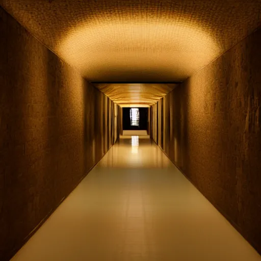 Image similar to a dark and recursive hallway, with a heavenly glow