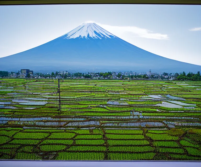 Prompt: a photo of mount fuji, japanese landscape, rice paddies, seen from a window of a train.