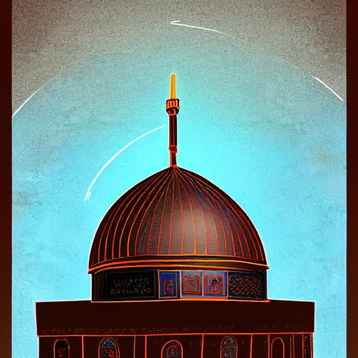 Image similar to a beautiful oil painting flyer design illustration of dome of the rock jerusalem and a silhouette of muslim is praying to god in front of it, intricate, elegant, glowing lights, highly detailed, digital painting, artstation, concept art, smooth, sharp focus, illustration, flat background