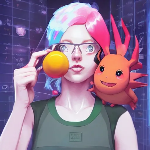 Image similar to British Pokemon original character with wild peach colored hair and heterochromia, Pixar style, beautiful woman, scientist, standing in a lab in front of a giant containment liquid filled tank, by Tristan Eaton Stanley Artgerm and Tom Bagshaw, Makoto Shinkai ilya kuvshinov and Wojtek Fus