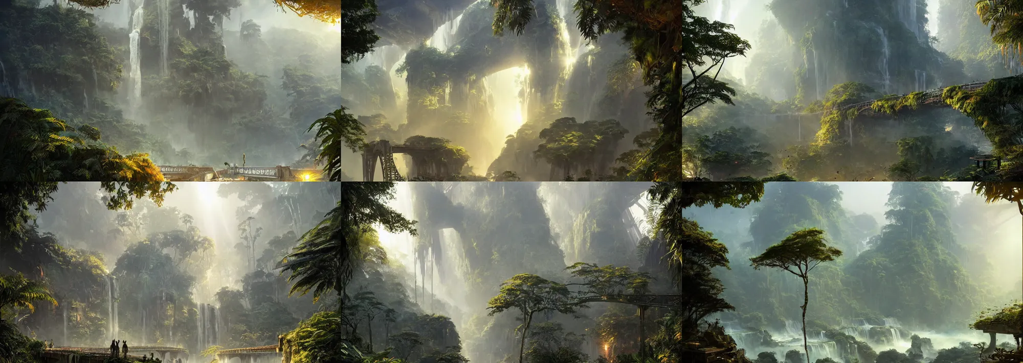 Prompt: ancient alien jungle, buildings, waterfalls, bridge, first light, sunshafts, by greg rutkowski, trending on artstation