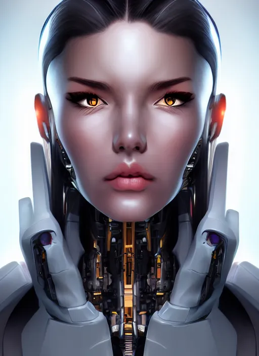 Image similar to portrait of a cyborg woman by Artgerm, (((((face turns left))))) (face turns right), eyes closed , biomechanical, hyper detailled, trending on artstation