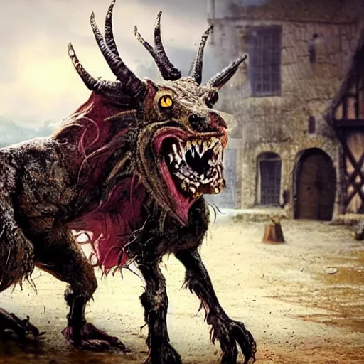 Image similar to horror, a monstrous mutant goat creature is galloping across a muddy medieval village square in daylight, filthy matted fur, human eyes, disturbing, mutated, crocodile - like teeth