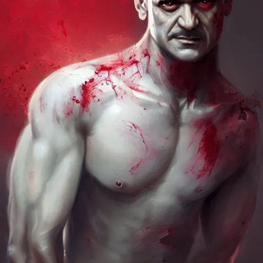 Image similar to portrait of aamir khan upper body in bloody business suit, blood red eyes, vampire fangs, fantasy, intricate, elegant, highly detailed, digital painting, artstation, concept art, matte, sharp focus, illustration, art by aenaluck and roberto ferri and greg rutkowski, epic fantasy, digital painting