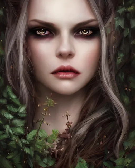 Image similar to a beautiful female vampire, 8 k, hyperrealistic, perfect eyes and face, dark forest landscape, hyperdetailed, fantasy portrait by laura sava