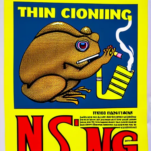 Prompt: A 1980s informational poster from a convention center displaying a cool toad smoking a cigarette. highly detailed, sharp focus, HQ, post grunge, subtle colors.