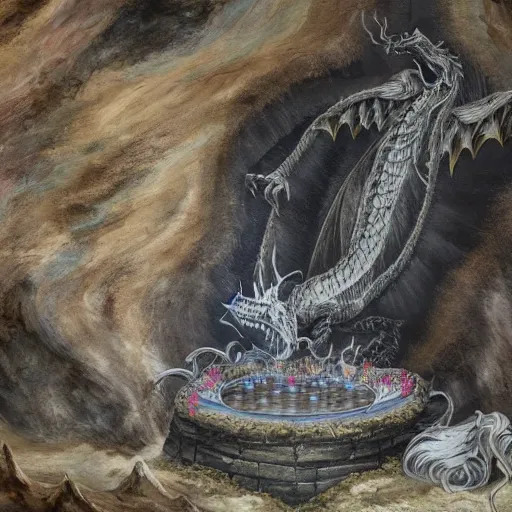 Image similar to highly detailed oil painting of a hotspring in a quartz cave with a black dragon sitting in the middle of it