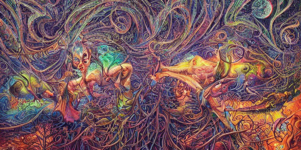 Prompt: 🌲🌌, acrylic on canvas, realism movement, breathtaking detailed, by android jones, alex grey, chris dyer, and aaron brooks, photorealistic