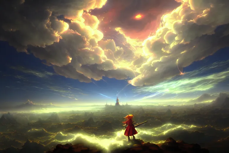 Image similar to baroque oil painting of anime key visual concept art of touhou anime witches flying on broomsticks through the sky, volumetric lighting, sunrays breaking through clouds, grimdark steampunk high fantasy, trending on artstation, brush strokes, oil on canvas, style of makoto shinkai and greg rutkowski and studio ghibli