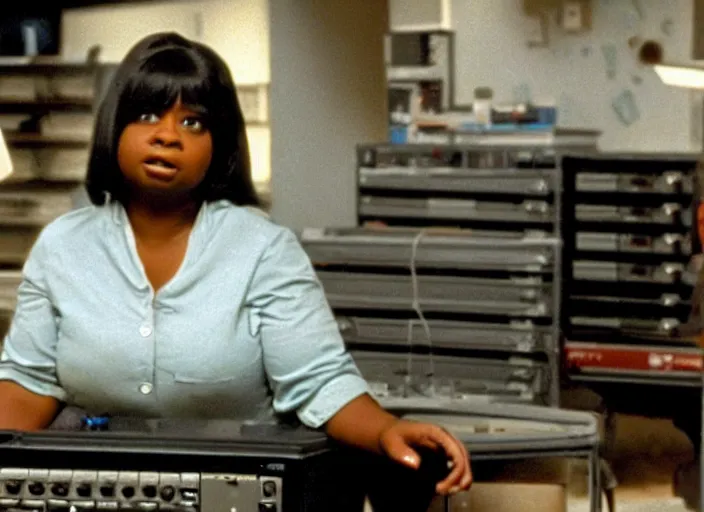 Image similar to cinematic shot of octavia spencer stressed out in an cramped used electronics store next to an old electronic keyboard, iconic scene from the paranoid thriller sci fi film directed by stanley kubrick, anamorphic cinematography, beautiful composition, color theory, leading lines, photorealistic