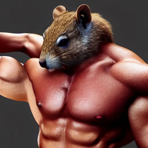 Image similar to full frame portrait of a very muscular man with a squirrel's head, 8 k, ultra realistic, cinematic, unreal engine render