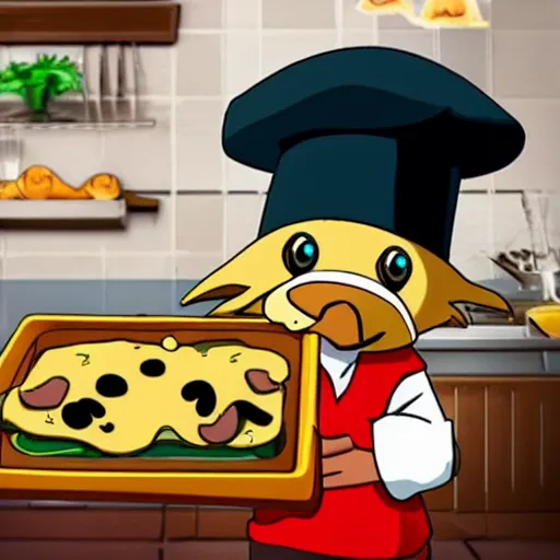 Prompt: anime cute platypus on a kitchen wearing a chef hat and holding a lasagna into an oven, anime style