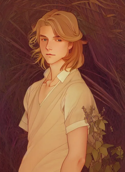 Prompt: pretty young man with shoulder length shiny shimmering golden blond hair, path traced, highly detailed, high quality, digital painting, by studio ghibli and alphonse mucha, leesha hannigan, disney
