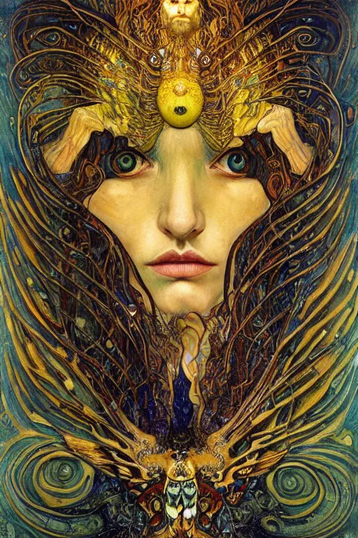 Prompt: Metamorphosis by Karol Bak, Jean Deville, Gustav Klimt, and Vincent Van Gogh, transformation portrait, chimera, visionary, cicada wings, otherworldly, fractal structures, ornate gilded medieval icon, third eye, hybrid, change, spirals, horizontal symmetry